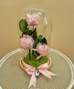 Trei bujori roz deschis criogenați în cupolă de sticlă, cu fundă roz din satin și accesoriu decorativ