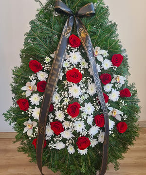 Coroană funerară orhidee și trandafiri