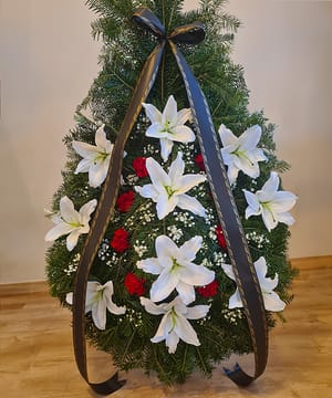 Coroană funerară crin alb și garoafe