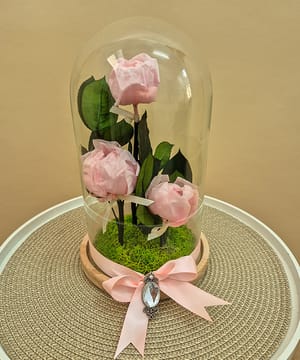 Trei bujori roz deschis criogenați în cupolă de sticlă, cu fundă roz din satin și accesoriu decorativ