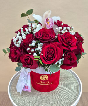 Cutie catifea cu trandafiri roșii