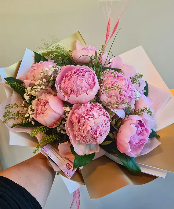 Buchet 9 bujori si Gypsophilla 1