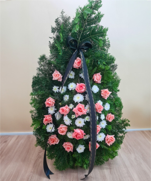 Coroană 18 trandafiri roz și crizantemă